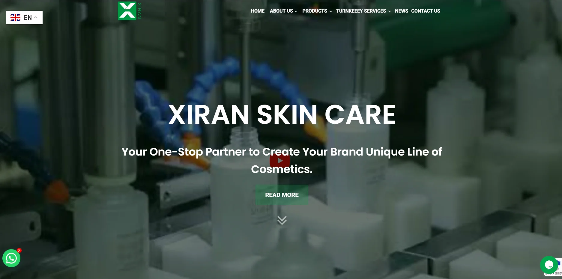Xiran Skin Care website banner displaying the message 'Your One-Stop Partner to Create Your Brand Unique Line of Cosmetics' with laboratory equipment in the background.